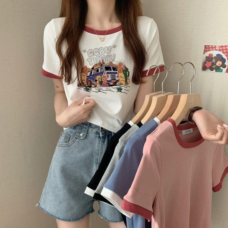 ดเสื้อยืดครอปลายไซส์ใหญ่สวยๆผู้หญิงฤดูร้อนใหม่ oversize ดูสาวอวบมินิมอลสไตล์เกาหลีเสื้อเอวลอยวัยรุ่นน่าเกลียดเสื้อยืดที่