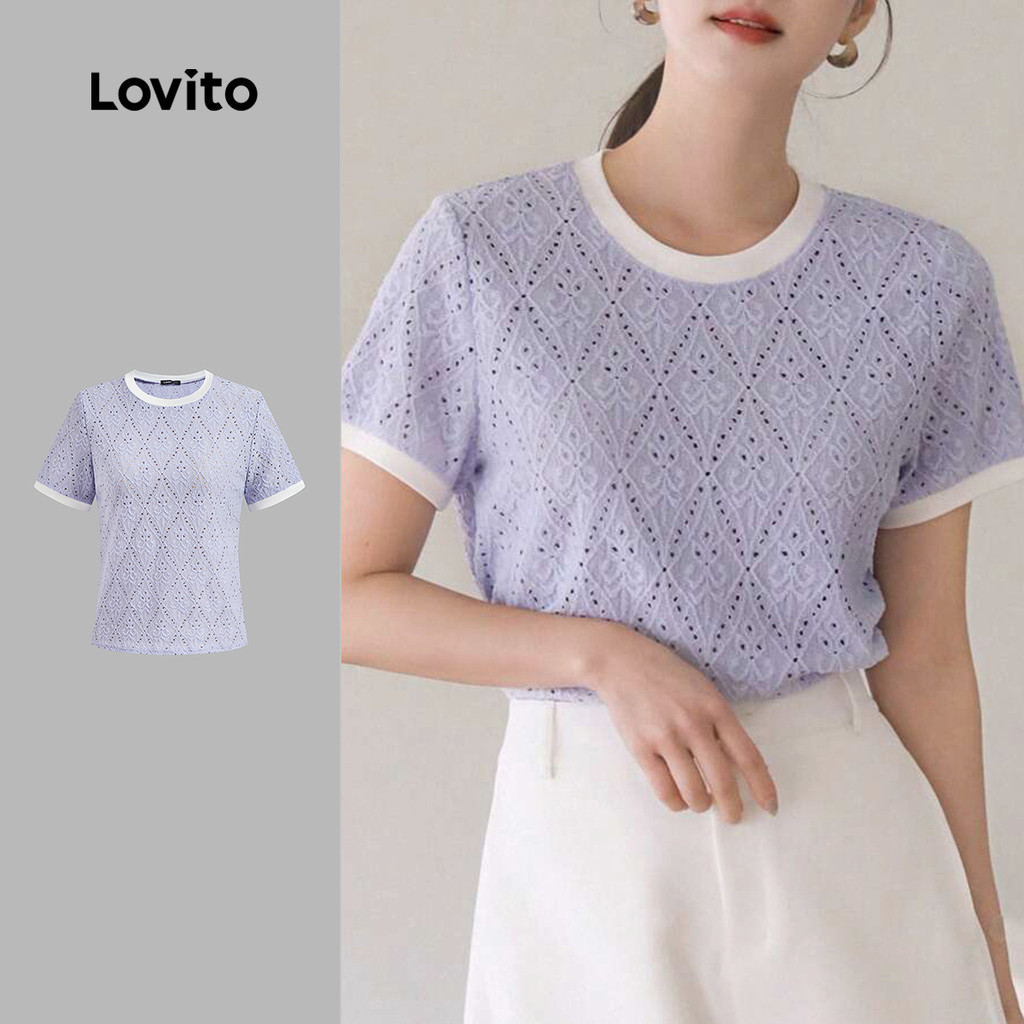 Lovito เสื้อเชิ้ตลำลองสีพื้นแบบบล็อกสีเสื้อยืดฤดูร้อน/ฤดูใบไม้ผลิสำหรับผู้หญิง L131ED027
