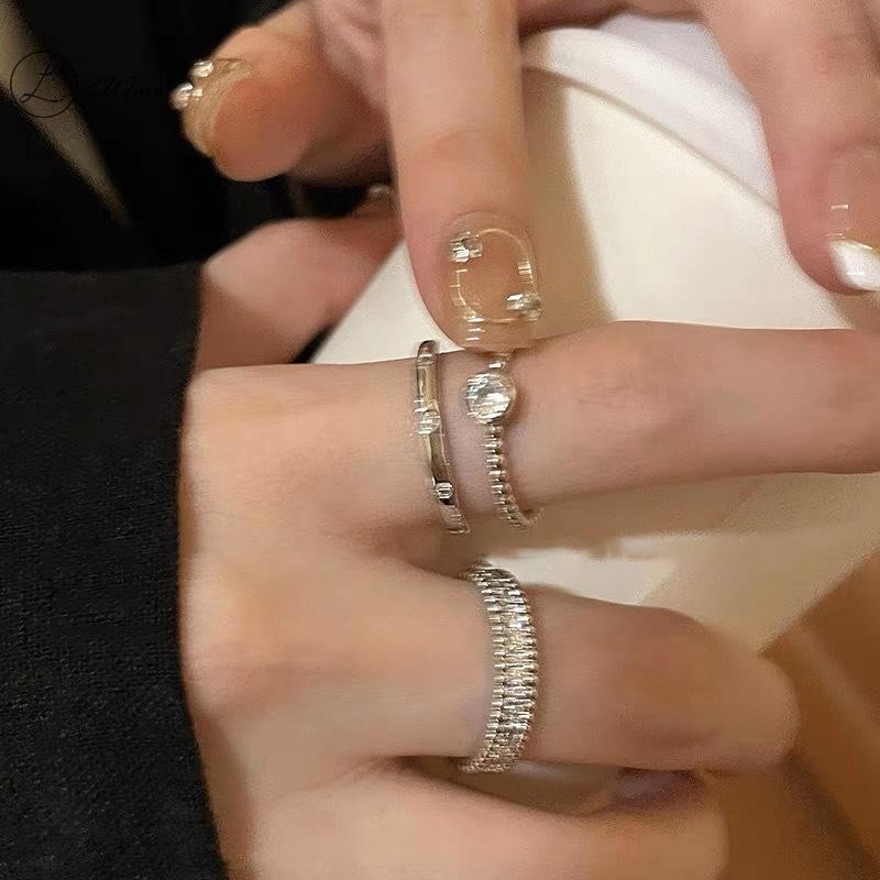 LUImo 3 ชิ้น Punk Zircon แหวนโลหะชุดผู้หญิงคริสตัลเรขาคณิตกว้างเปิดแหวน Minimalist Silver สีความงามแหวนใหม่