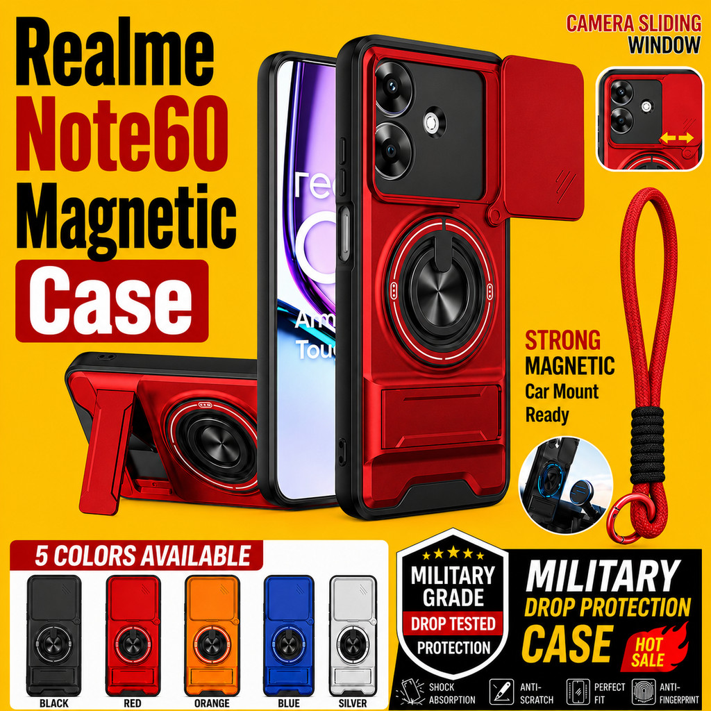 เหมาะสําหรับRealme Note 60 60X 70 80 70T 4G 5GStrongเคสโทรศัพท์แม่เหล็กพร้อมเชือกเส้นเล็ก360° ที่วางขาตั้งแหวนติดรถยนต์ป้องกันเลนส์กล้องกันกระแทกฝาครอบป้องกัน