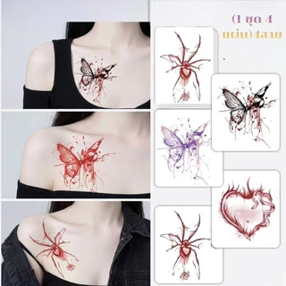 ZJ HOME สติกเกอร์รอยสักชั่วคราว กันน้ํา ลายแมงมุม ลายหัวใจ ลายผีเสื้อ สีแดงเข้ม