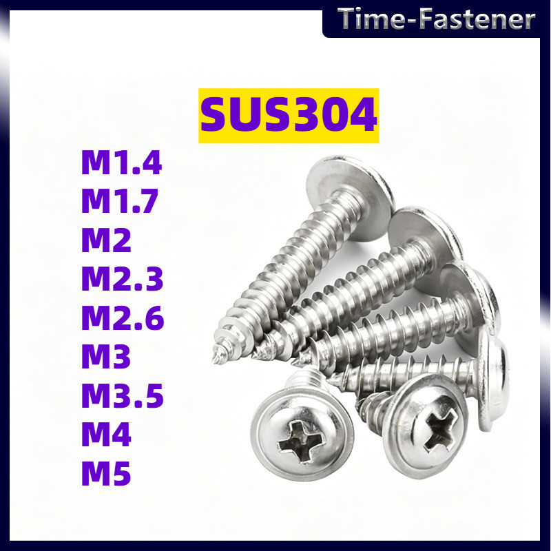 สกรู หัวกลม ติดแหวน แฉก JPW+ สเตนเลส 304 เกลียวปล่อย ปลายแหลม / Pan Head Washer Phillip Tapping Screw  M1.4/M1.7/M2/M2.3/M2.6/M3/M3.5/M4/M5 * L3-50 มม.-TIME-FASTENER