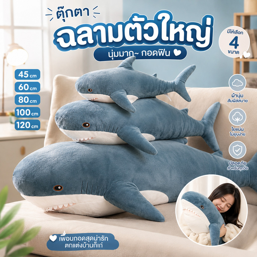 🔥พร้อมส่ง🔥 ฉลาม IKEA🦈 ตุ๊กตาฉลาม ขนาดใหญ่ นุ่มสบาย รูปร่างปลาฉลาม 45-120cm ของเล่น
