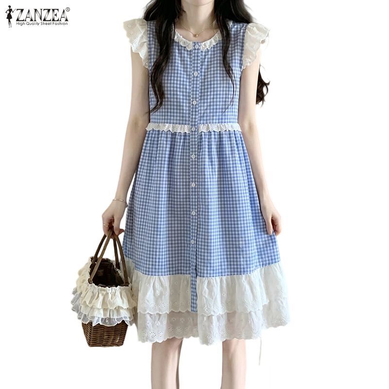 ZANZEA ชุดเดรสคอกลมลําลองสไตล์เกาหลีของผู้หญิง Ruffles Patchwork Checkered Dress