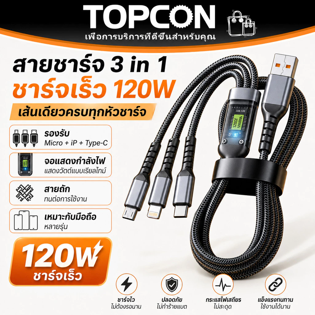 สายชาร์จเร็ว 3in1 120W 6A สายชาร์จ 3 หัว USB To Type-C Micro iOS สายถักไนล่อน สำหรับมือถือ OPPO Samsug มือถือ