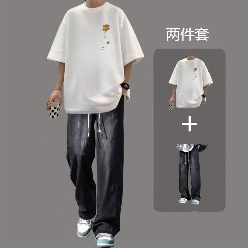 เสื้อยืดแขนสั้นฤดูร้อนครึ่ง T535 Pure Cotton+K30 ชุดยีนส์ S-3XL [สูท]