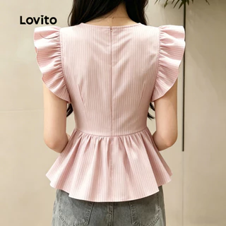 (New Arrival) Lovito เสื้อเบลาส์สีชมพูอ่อนลายจีบสําหรับผู้หญิงสําหรับฤดูใบไม้ผลิและฤดูร้อน เกาหลี อินเทรนด์ LK6AD148