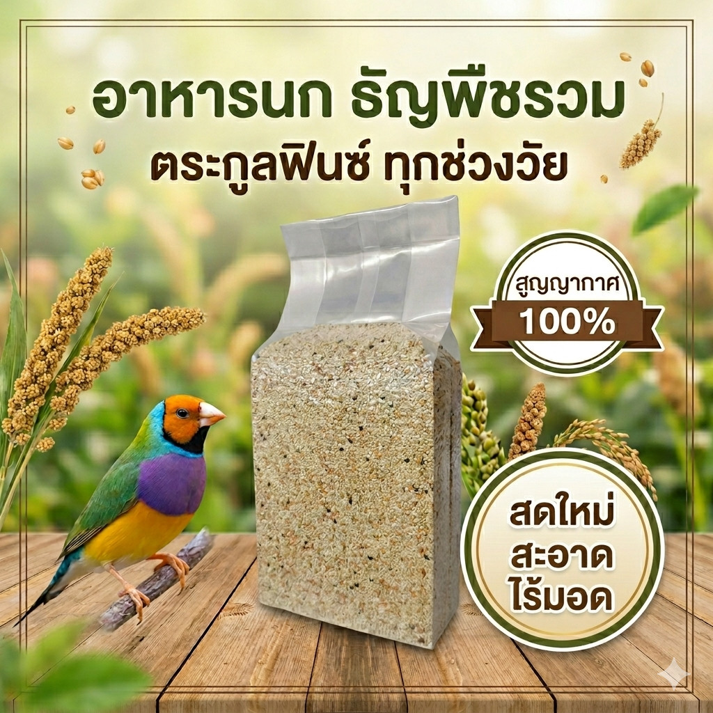 อาหารนก นกตระกูลฟินซ์ ทุกช่วงวัย 1 Kg.  ธัญพืชรวม 8 ชนิด ( แพ็คสูญญากาศ ) สดใหม่ สะอาด ไร้มอด