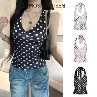 MOSESQUEEN เสื้อกล้ามคล้องคอลายจุดความปรารถนาบริสุทธิ์ในรูปแบบใหม่สําหรับใส่ด้านนอก - เสื้อโชว์สุดเซ็กซี่สําหรับเด็กผู้หญิง #63734