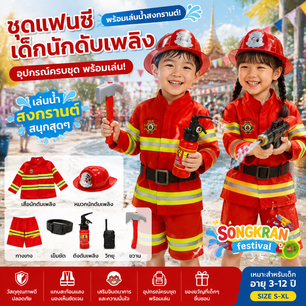 🔥 ชุดนักดับเพลิงเด็ก พร้อมปืนฉีดน้ำ ชุดเครื่องแบบนักดับเพลิงสำหรับเด็กในเทศกาลสงกรานต์ สินค้าพร้อมส่งจากประเทศไทย