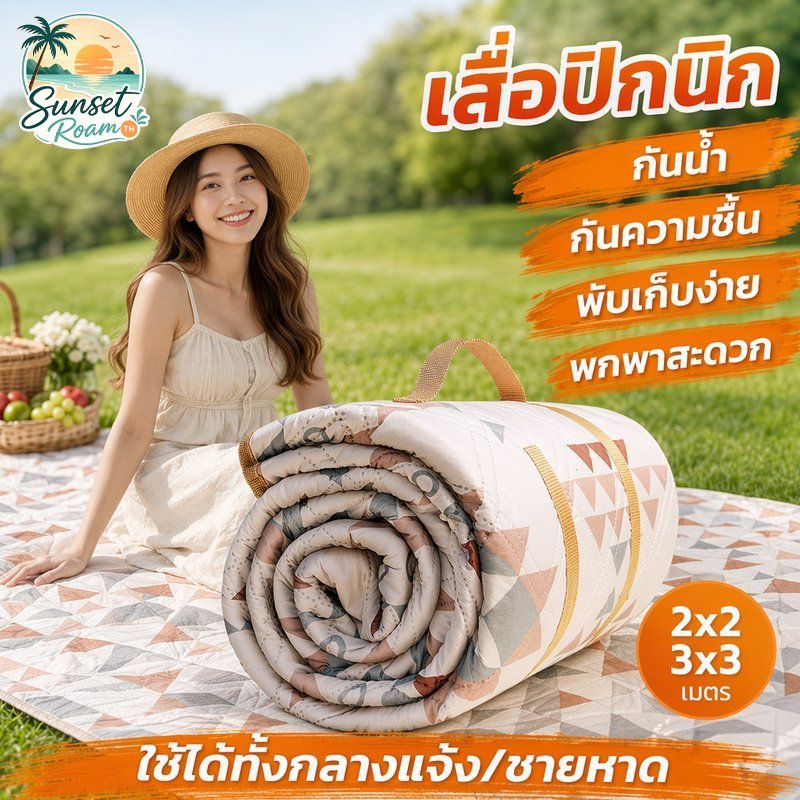 เสื่อปิกนิก เสื่อปูพื้น กันน้ำ กันชื้น พับเก็บง่าย พกพาสะดวก ลายโบฮีเมียน แคมป์ปิ้ง ชายหาด ครอบครัว