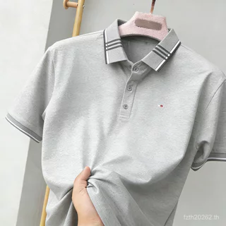 ผู้ชายเสื้อโปโลแขนสั้นลายสก๊อตปกสไตล์ธุรกิจเหมาะสําหรับใส่ทํางานผ้านุ่มระบายอากาศไม่ยับง่ายหลาย @-