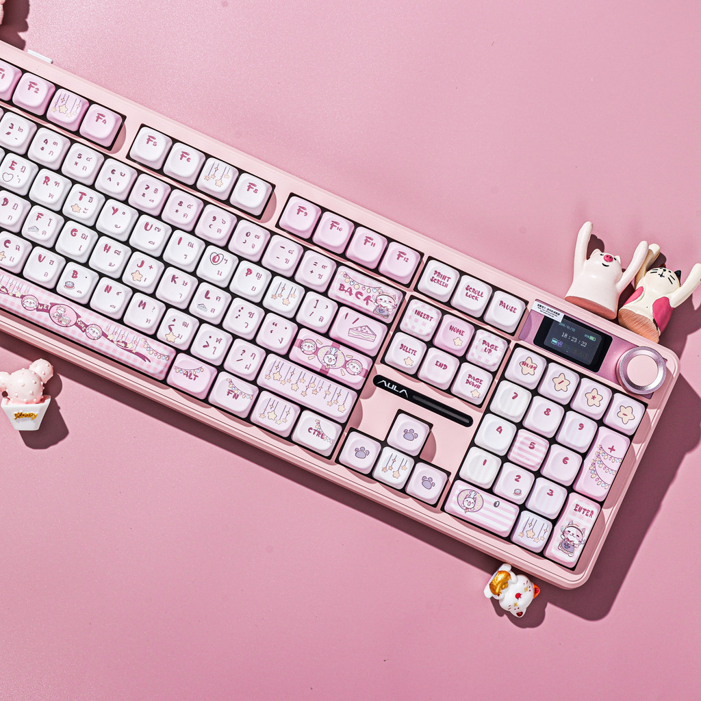 สีชมพู Wishing Meow Meow ภาษาไทยและอังกฤษ ธีมน่ารัก Keycap PBT High Beauty MOA ห้าด้าน DYE-Sublimation MX Switch 61 68 98 108 คีย์