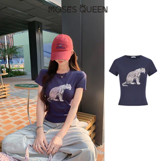 MOSESQUEEN มอสเซควีน เสื้อยืดแขนสั้นพิมพ์ลายเสือดาวอเมริกันเสื้อคอกลมแขนสั้นเข้ารูปผู้หญิงเข้ารูปและเข้ารูป #63695