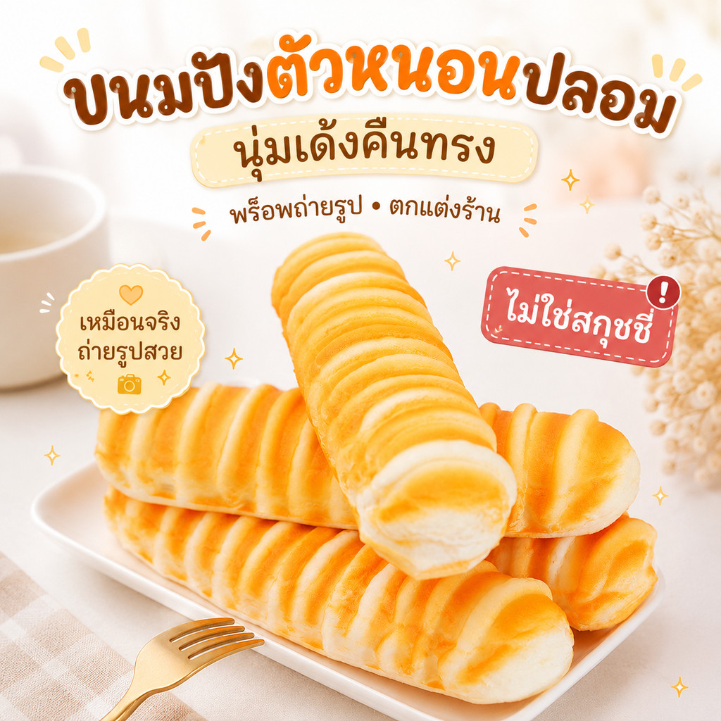 ขนมปังหนอนปลอม PU สัมผัสนิ่ม โมเดลขนมปังน่ารัก พร็อพถ่ายรูป ตกแต่งร้านเบเกอรี่ คาเฟ่ ของเล่นบีบคลายเครียด