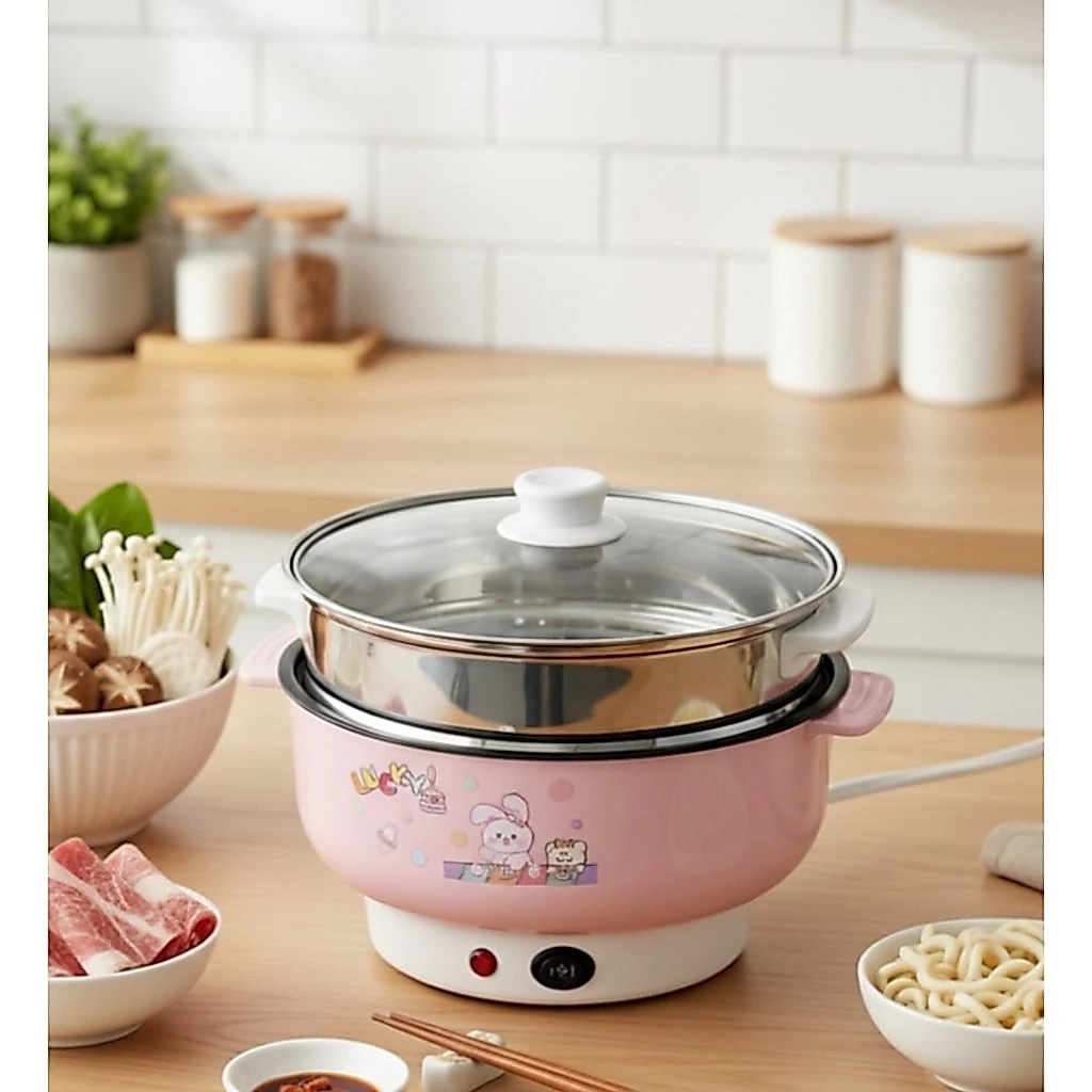 หม้อไฟฟ้า 22cm หม้อชาบู หม้ออเนกประสงค์ แถมฟรี ทัพพี พร้อมซึ้งสแตนเลส