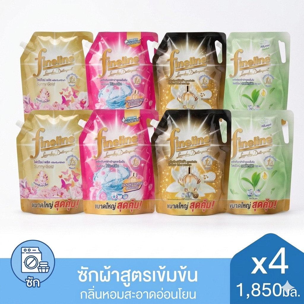 [แพ็ค 4 ถุง] ไฟน์ไลน์ น้ำยาซักผ้าสูตรเข้มข้น 1850 มล. x 4 ถุง (เลือกสูตรได้) Fineline ผลิตภัณฑ์ซักผ้าขจัดคราบลึ