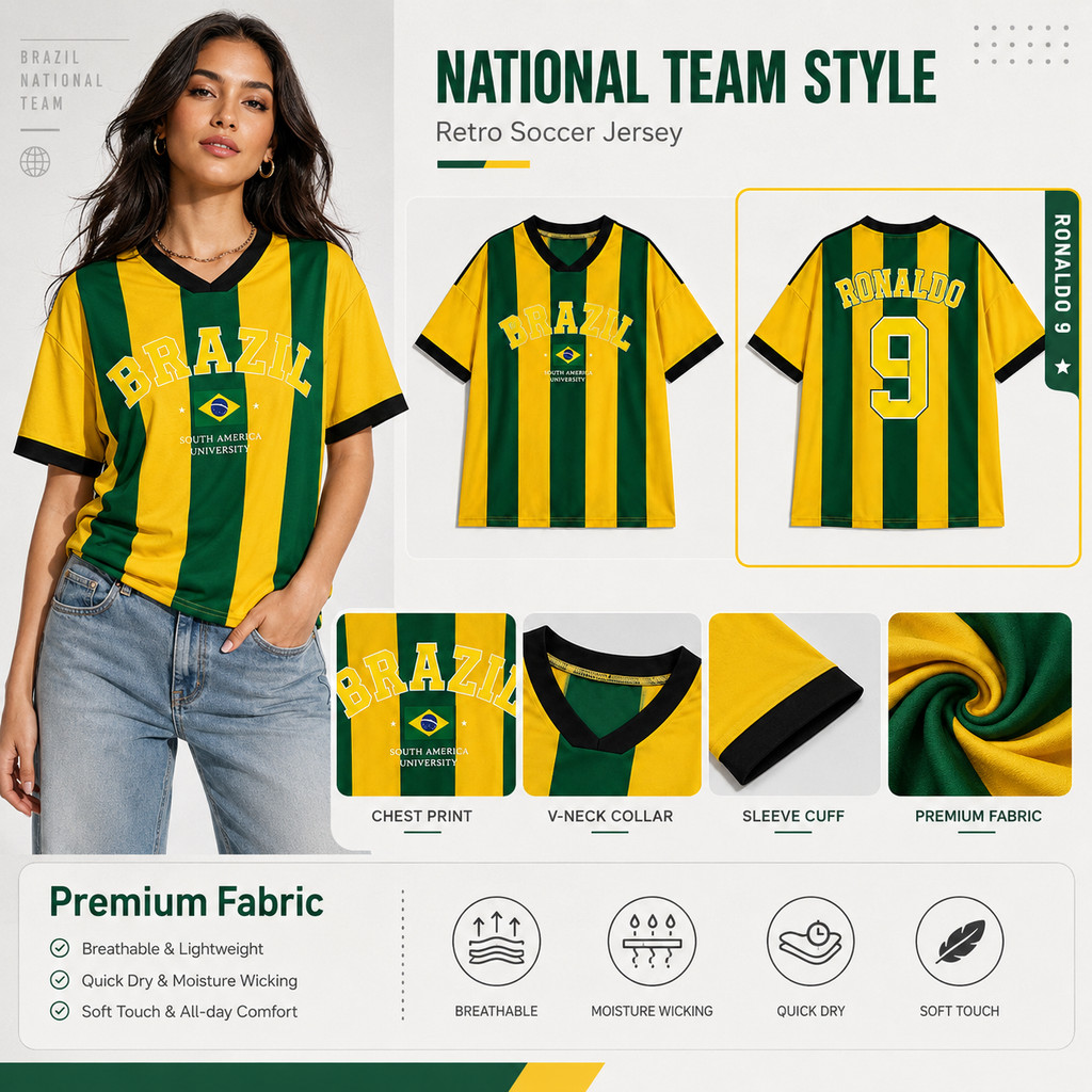เสื้อกีฬาแนวสตรีทบราซิล คอวี ลายทางสีเขียวเหลือง ทรงใหญ่ ยูนิเซ็กซ์ ผู้หญิงผู้ชาย