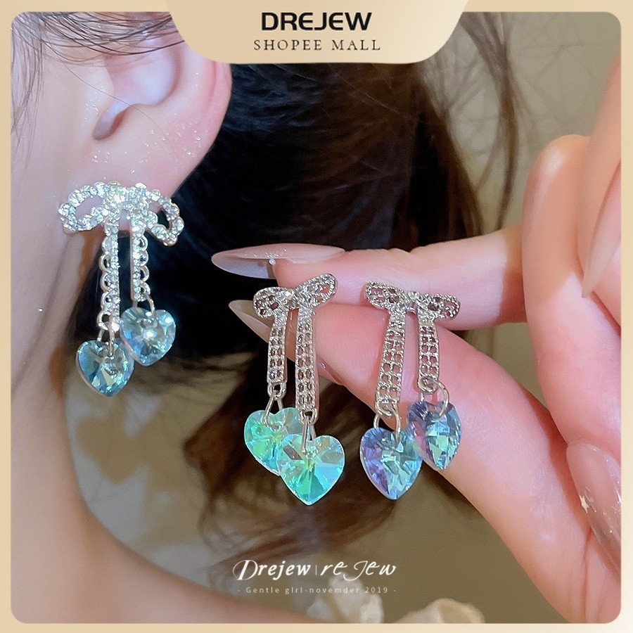 Dreejew Delicate Zircon Bow ต่างหู Iridescent Blue Heart Drop Eye-cat สําหรับทุกวันและวันที่จับคู่
