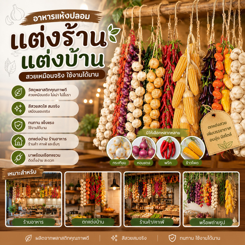 อาหารแห้งปลอม กระเทียม หอมแดง ผักปลอม ข้าวโพดปลอม แบบแขวน ข้าวโพด พริก สำหรับตกแต่งร้านอาหาร แต่งบ้าน แต่งร้านค้า