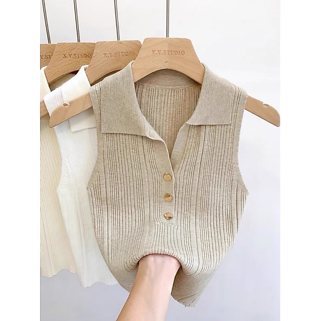 (พร้อมส่ง/ใหม่ รุ่น#M1948)เสื้อไหมพรมแขนกุดคอปกแต่งกระดุม สไตล์เกาหลีใส่สบายมาก