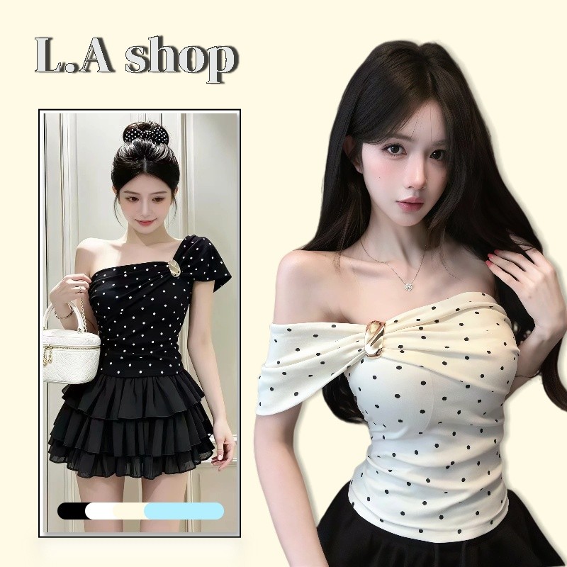 L.A Shop★พร้อมส่ง เสื้อปาดไหล่ลายจุด เสื้อปาดไหล่ ผ้ายืดตามตัว ทรงรัดพอดี-FY3019
