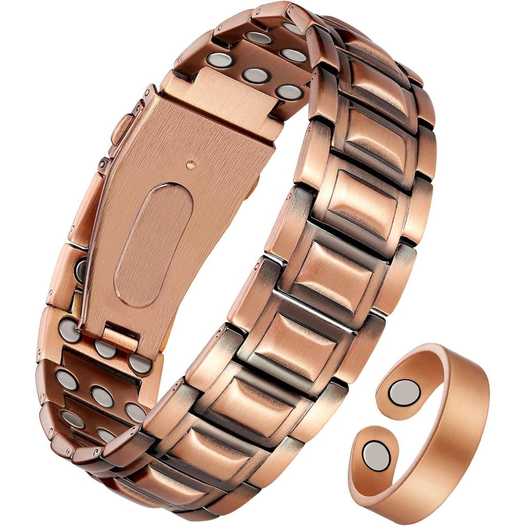 Jeracol 3X Strength Magnetic Copper Bracelet for Men - ชุดสร้อยข้อมือและแหวนทองแดงบริสุทธิ์ 99.9% - พรีเมี่ยมพับ-Over Clasp และปรับความยาวได้ Sizing Tool & Jewelry Box