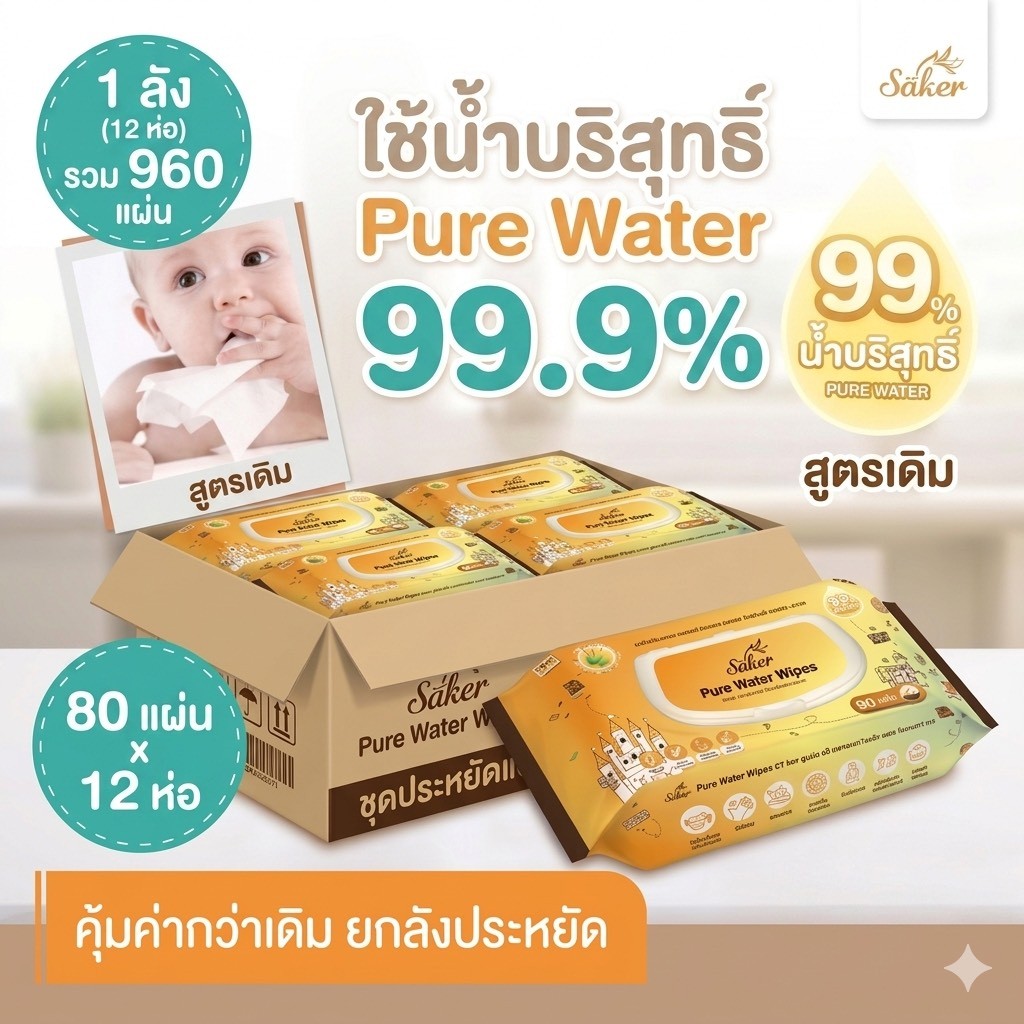 (ยกลัง) Saker ผ้าเปียกน้ำบริสุทธิ์ 99% ยกลัง 12ห่อ (คุณภาพสูงมีอย.) แผ่นใหญ่ 80 แผ่น ยกลัง