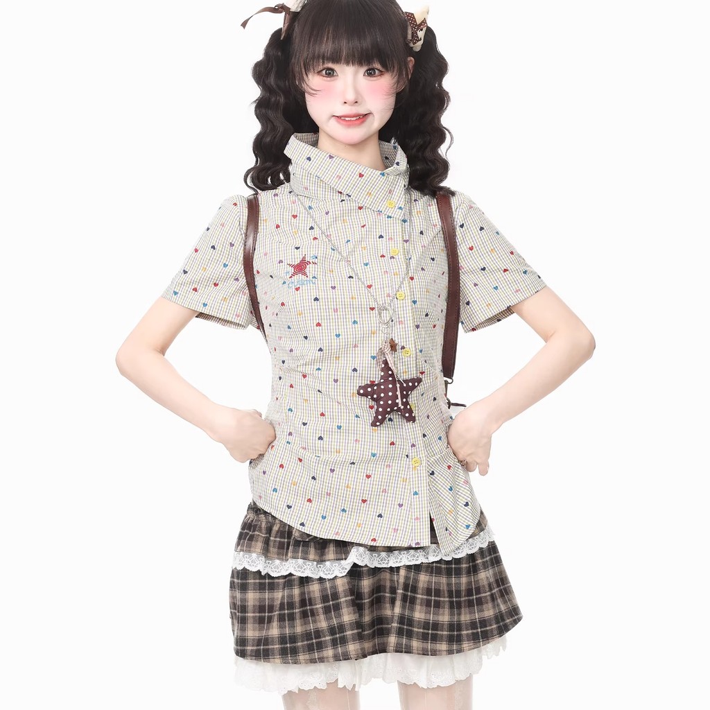 เสื้อตรวจสอบด้านหน้าไหล่ฤดูร้อนแฟชั่นผู้หญิงแขนสั้นเสื้อยืด