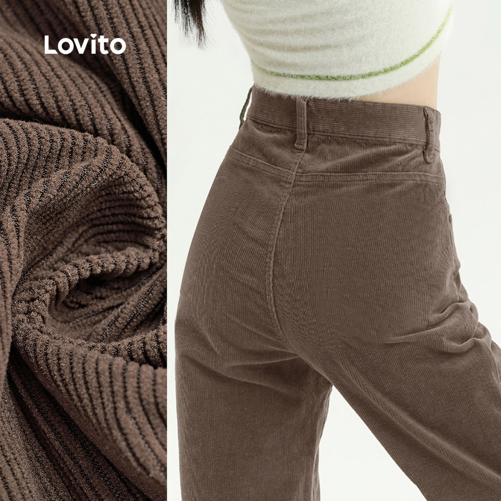 Lovito กางเกงลำลองสไตล์ปุ่มผ้าคลุมฤดูใบไม้ร่วง/ฤดูหนาว สีน้ำตาล สำหรับผู้หญิง L159AD111