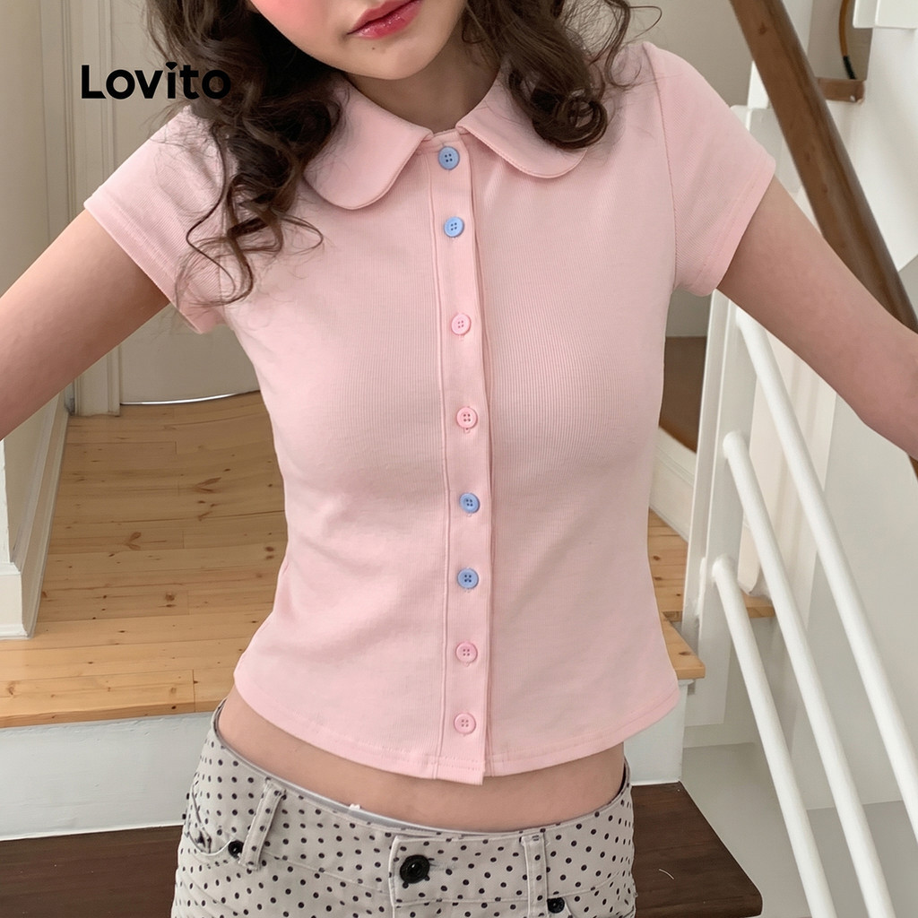 Lovito เสื้อยืดแคชชวลสำหรับนักเรียน วันสงกรานต์ สีมาการอง สไตล์ ฤดูใบไม้ผลิ/ฤดูร้อน สีชมพูสำหรับผู้หญิง LK3AD390