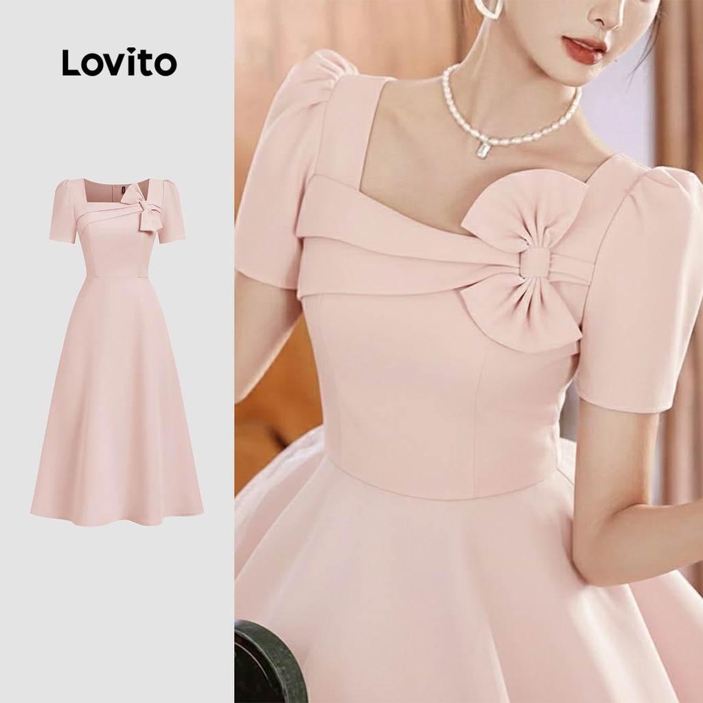 Lovito สง่างาม เดรสสวยหรู ดีไซน์ผูกโบว์ไม่สมมาตร สีชมพู สำหรับฤดูใบไม้ผลิและฤดูร้อน สำหรับผู้หญิง L171ED104