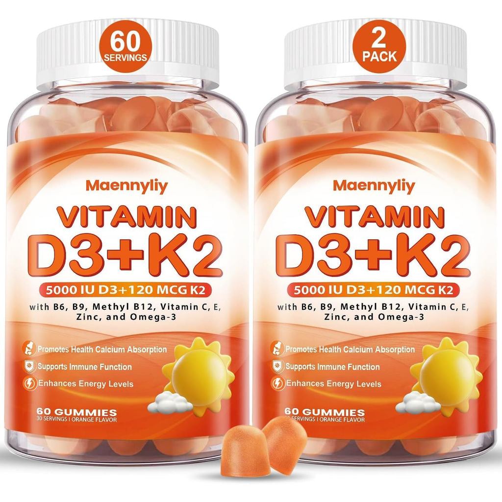 วิตามินผู้ใหญ่ D3 K2 Jelly-Vitamin D3 5,000IU+K2 (MK-7) 120mcg-Sugar-Free D3 และ K2 บรรจุ Omega-3, M