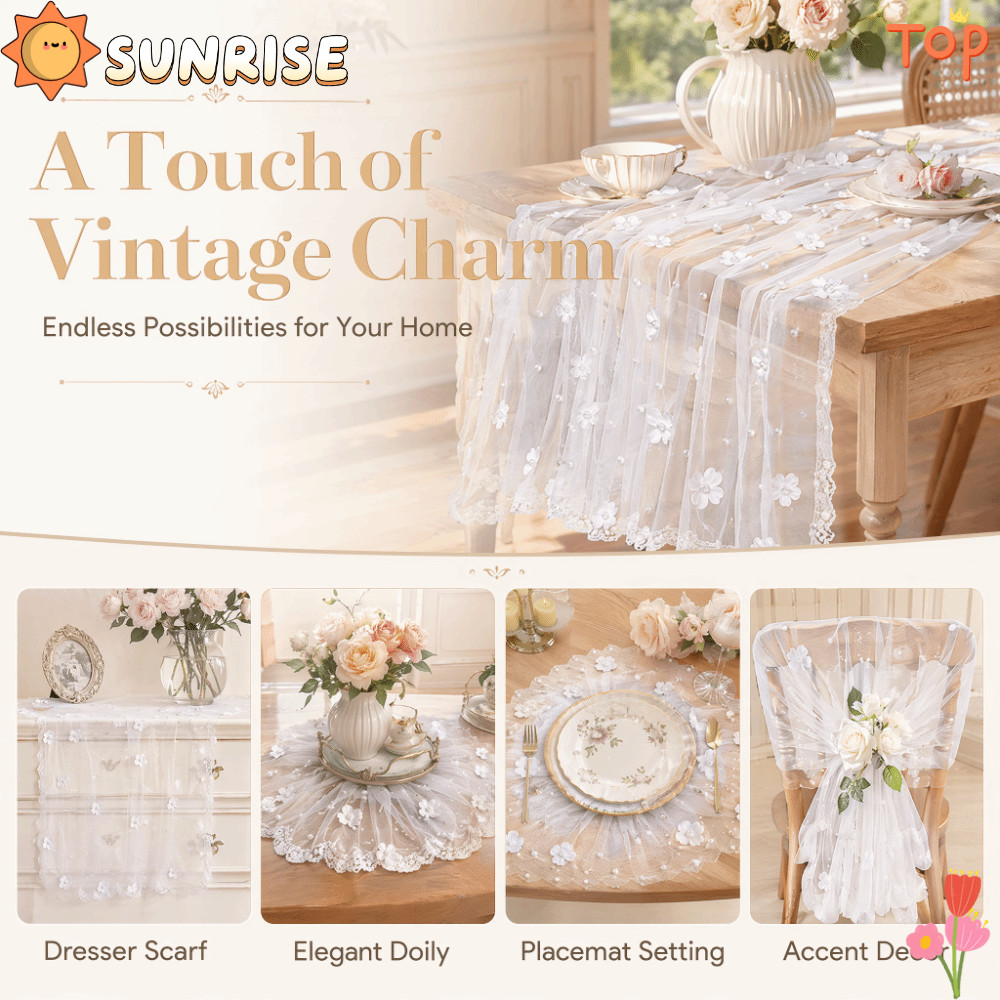 SUNRISE Tulle Gauze Table Cloth, Hollow-out Semi Transparent Pearl Tulle Table Runner, Elegant DIY 2