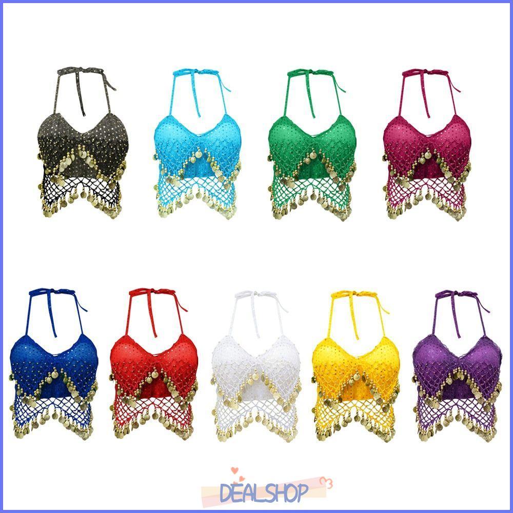 OKDEALS Belly Dance Bra, Shiny Sleeve Latin Dance Top, Charming Halter Neck Dance Wear Tassel Stage 