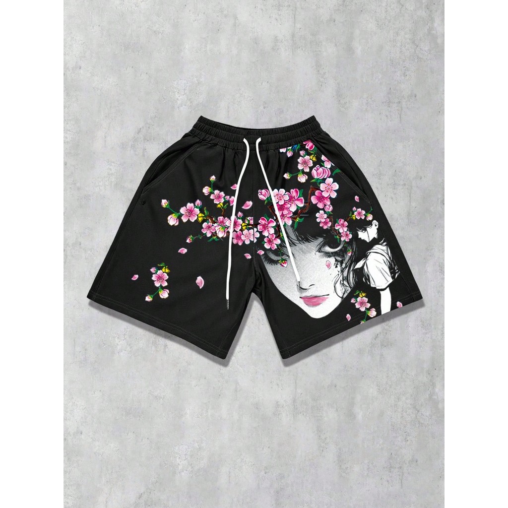 ROMWE MEN Anime Mens Anime Sakura Graphic Print Shorts, เหมาะสําหรับสวมใส่ทุกวัน