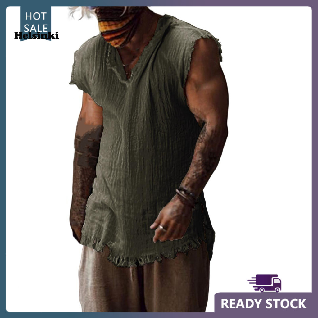 HLS เสื้อกั๊กผู้ชายสีทึบสบายๆแต่ละแบบเก่าประเภทหลวม Ripped Edge V คอแขนกุดผู้ชาย Tank Top เสื้อผ้าทุ