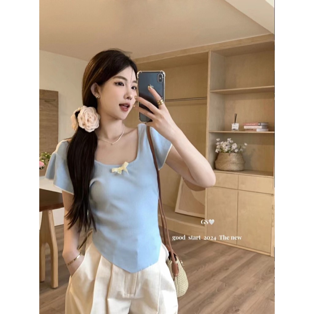 ฤดูร้อนสไตล์เกาหลีสไตล์ใหม่แขนบิน Niche โบว์เสื้อถัก Niche อารมณ์ Slimmer ดู U-คอ Top Happy สไตล์ KP