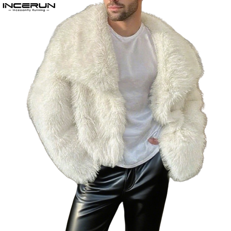 INCERUN เสื้อแจ็คเก็ตวินเทจสำหรับผู้ชาย แขนยาวและมีขน faux fur คุณภาพสูง