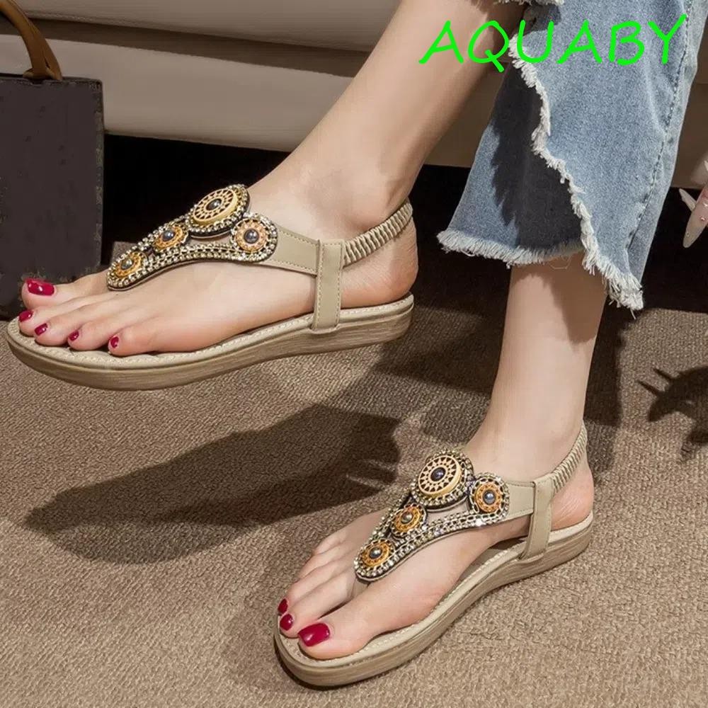 AQUABY รองเท้าแตะสไตล์โบฮีเมีย ประดับคริส탈 เพศหญิง หน้ากว้างพื้นนุ่ม ใช้งานได้ทั้งวันและเหมาะสำหรับการเดินทางทะเลในฤดูร้อน