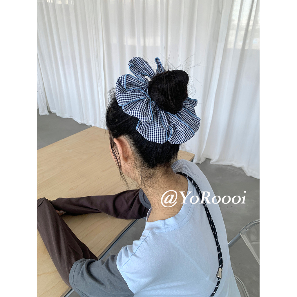 ผ้าคาดผมสไตล์เกาหลี สีฟ้าลายสก็อต มัดด้วยมือ พับเป็นคลื่นใหญ่ สำหรับผู้หญิง