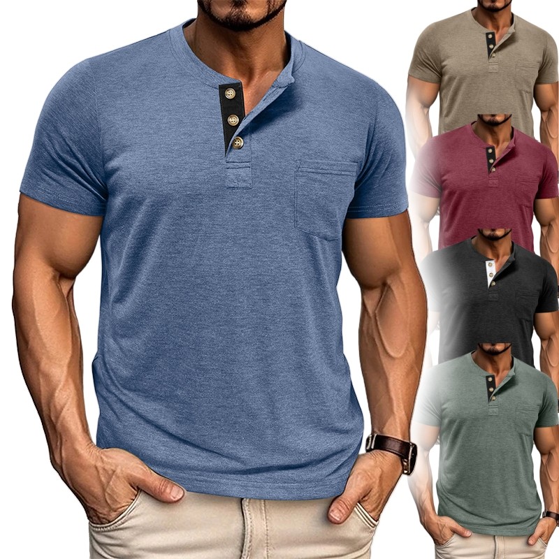 เสื้อยืดลําลองสําหรับบุรุษ Henley พร้อมกระเป๋าแขนสั้น Minimalist Top สําหรับ Streetwear & Daily Wear