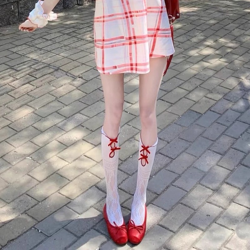 ถุงเท้าลูกวัวญี่ปุ่น สไตล์ lolita หวาน สีแดงมีโบว์ แบบหลอดกลวง - รูปที่ 4