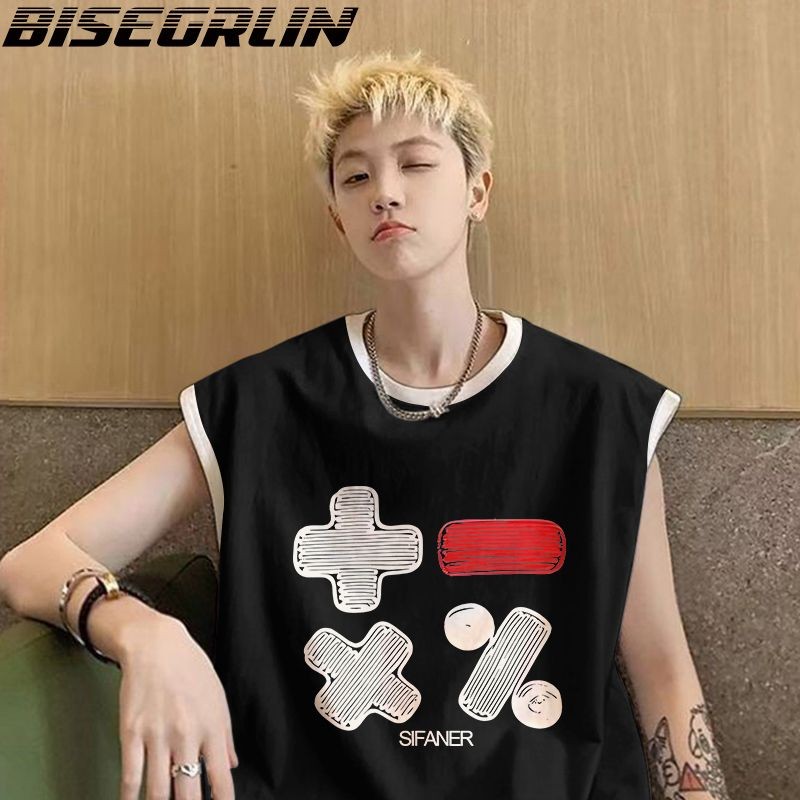 BISEGRLIN ผ้าฝ้ายแท้รอบคอเย็บ Contrast สีเสื้อกั๊กแขนกุดชายหลวมสบายๆเสื้อกั๊กผู้ชาย W9.5A