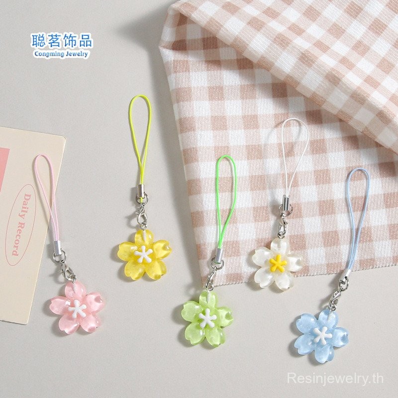 สายคล้องโทรศัพท์มือถือ J89 สีเรซิ่นโปร่งใส Cherry Blossom ดอกไม้พวงกุญแจจี้สดน่ารัก All-Match กระเป๋ามือ