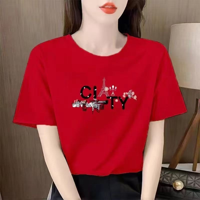 100 ผ้าฝ้ายแท้แขนสั้นพิมพ์ลายเสื้อยืดทุกการแข่งขันรอบคอหลวมเกาหลีรุ่นครึ่งแขนเมือง 9.11 wfL