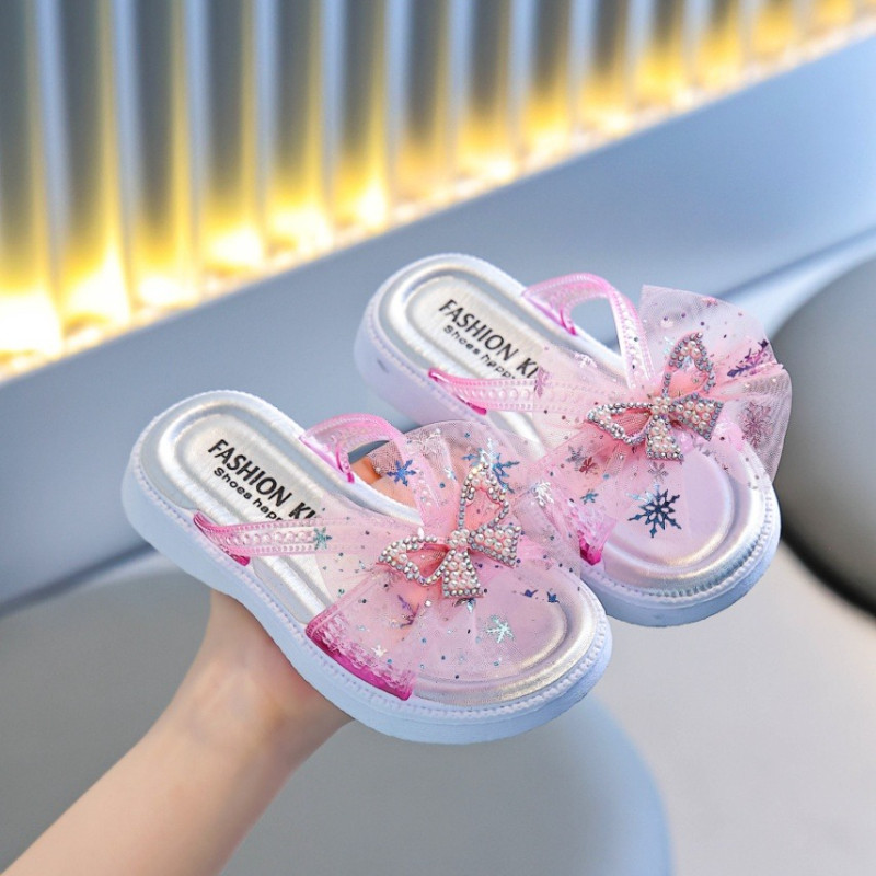 สาวแฟชั่นรองเท้าแตะเด็กตาข่ายเงาผีเสื้อเปิดนิ้วเท้านุ่มฤดูร้อน Flip-flops