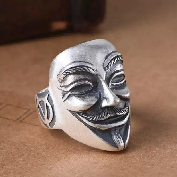 Premium Selection#s925Pure Silver Thai Silver Bold Full Silver Men's Ring Fashion Matte V Mask Open 
