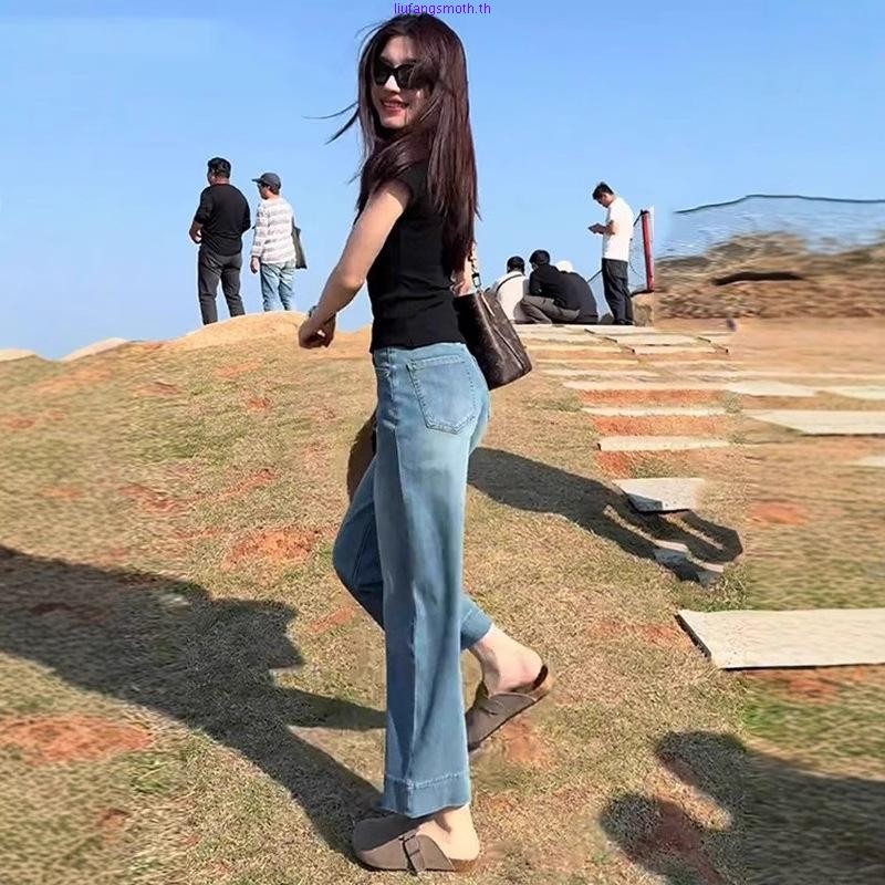 belin star ขาม้า กางเกงยีนส์เก้าส่วนสีฟ้าย้อนยุคไซส์ใหญ่สำหรับผู้หญิงกางเกงขากว้างทรงตรงเอวสูงทรงหลว