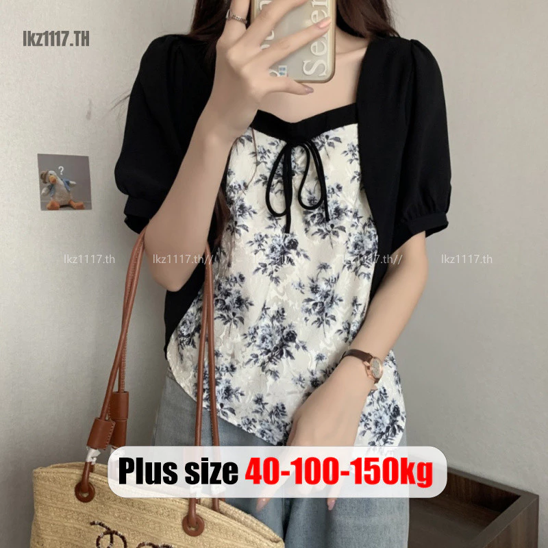 เสื้อเชิ้ตผู้หญิงไซส์ใหญ่ แขนตุ๊กตา ลายดอก ทรงหลวม ผูกเชือก thumbnail 4
